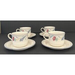 Lenox Chinastone Poppies on Blue Lot of 4 Stackable Coffee Tea Cups &  Saucers
